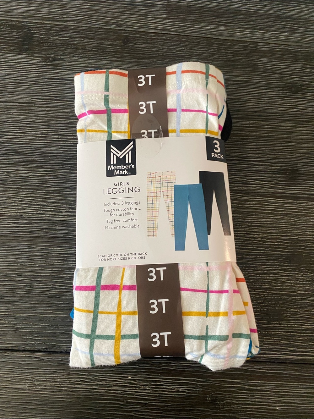 Member's Mark Girls' 3-Pack Leggings - White Plaid, Blue, Black (3T)